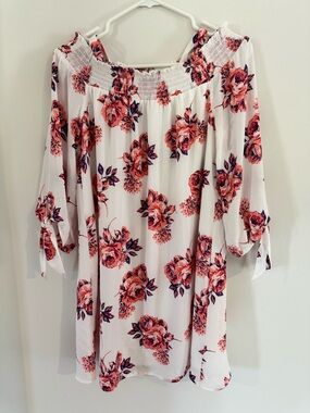 Lily Rose Floral Off-Shoulder Smocked Dress - White with Pink Roses